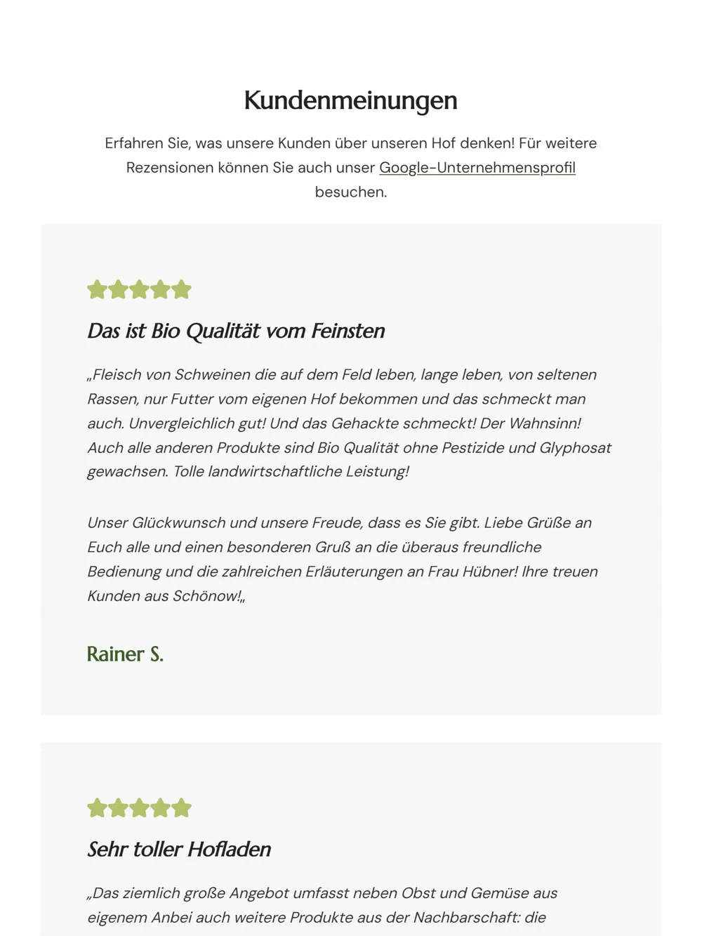 Biohof Hübner, weiterer Seitenausschnitt (Tablet)