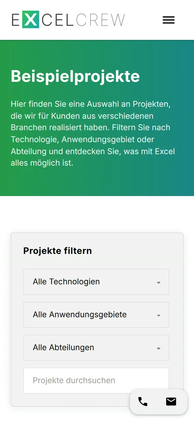 Excel Crew, mobiler Seitenausschnitt