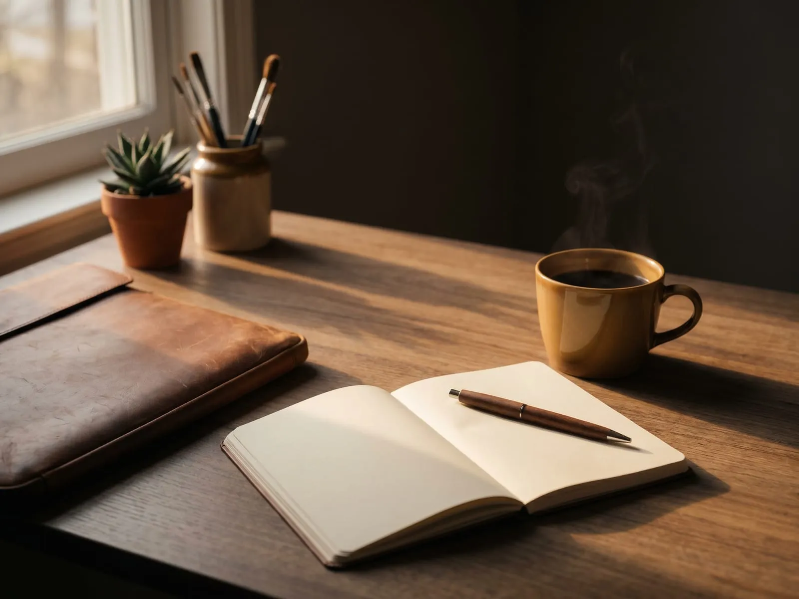Aufgeschlagenes Notizbuch mit Stift und dampfender Kaffeetasse auf einem Schreibtisch im warmen Licht