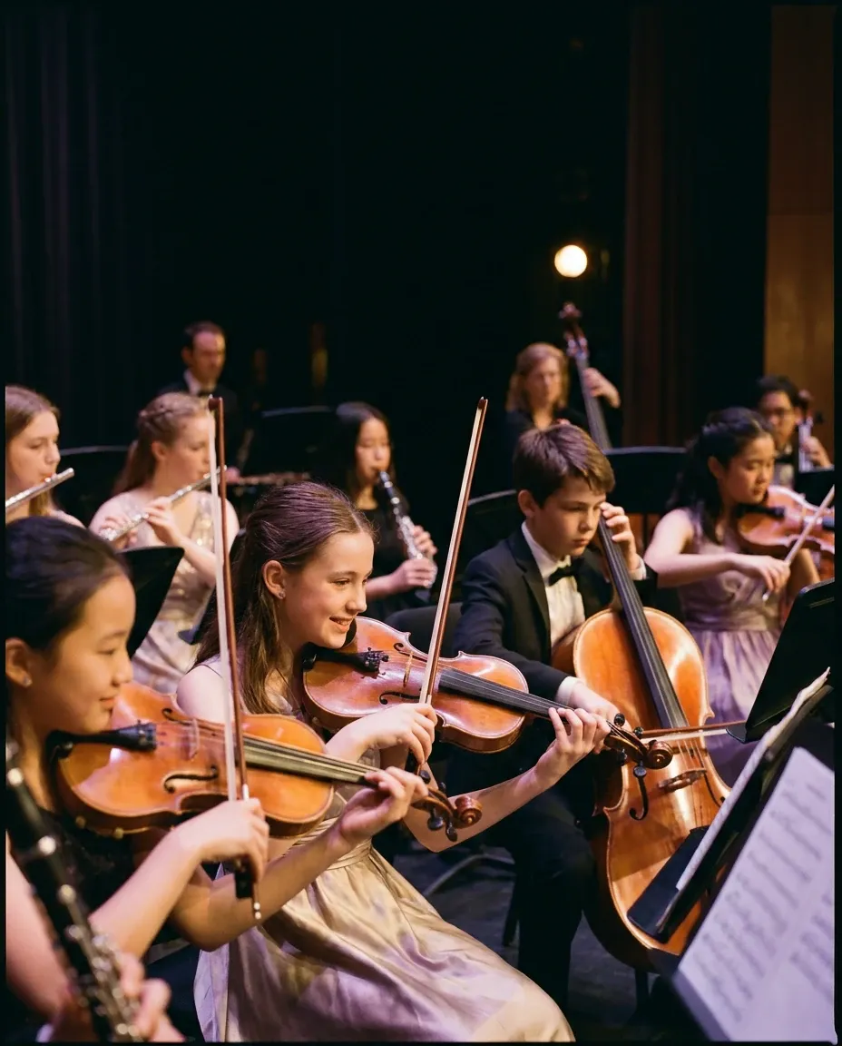 Junges Schulorchester beim Konzert: Kinder spielen Geige, Cello und Blasinstrumente im warmen Bühnenlicht